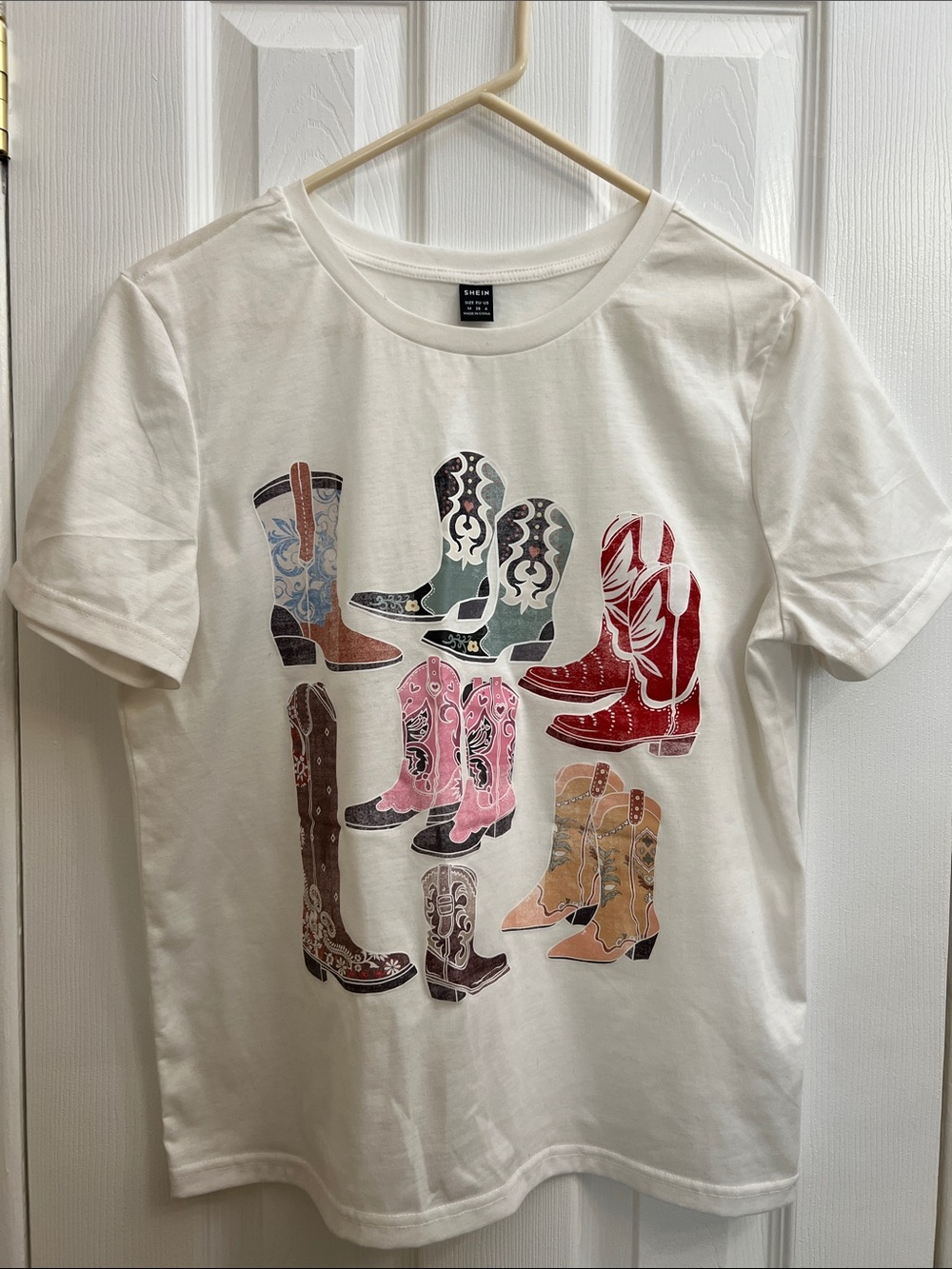 Shein White Graphic Tee with Multicolor Cowboy Boot Print M